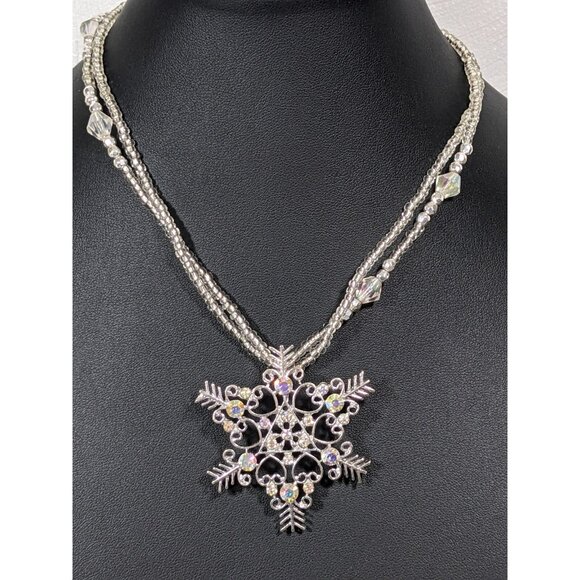 Winter Snowflake Pendant AB Rhinestone Glass and Acrylic Bead Necklace 19 in - Picture 2 of 10